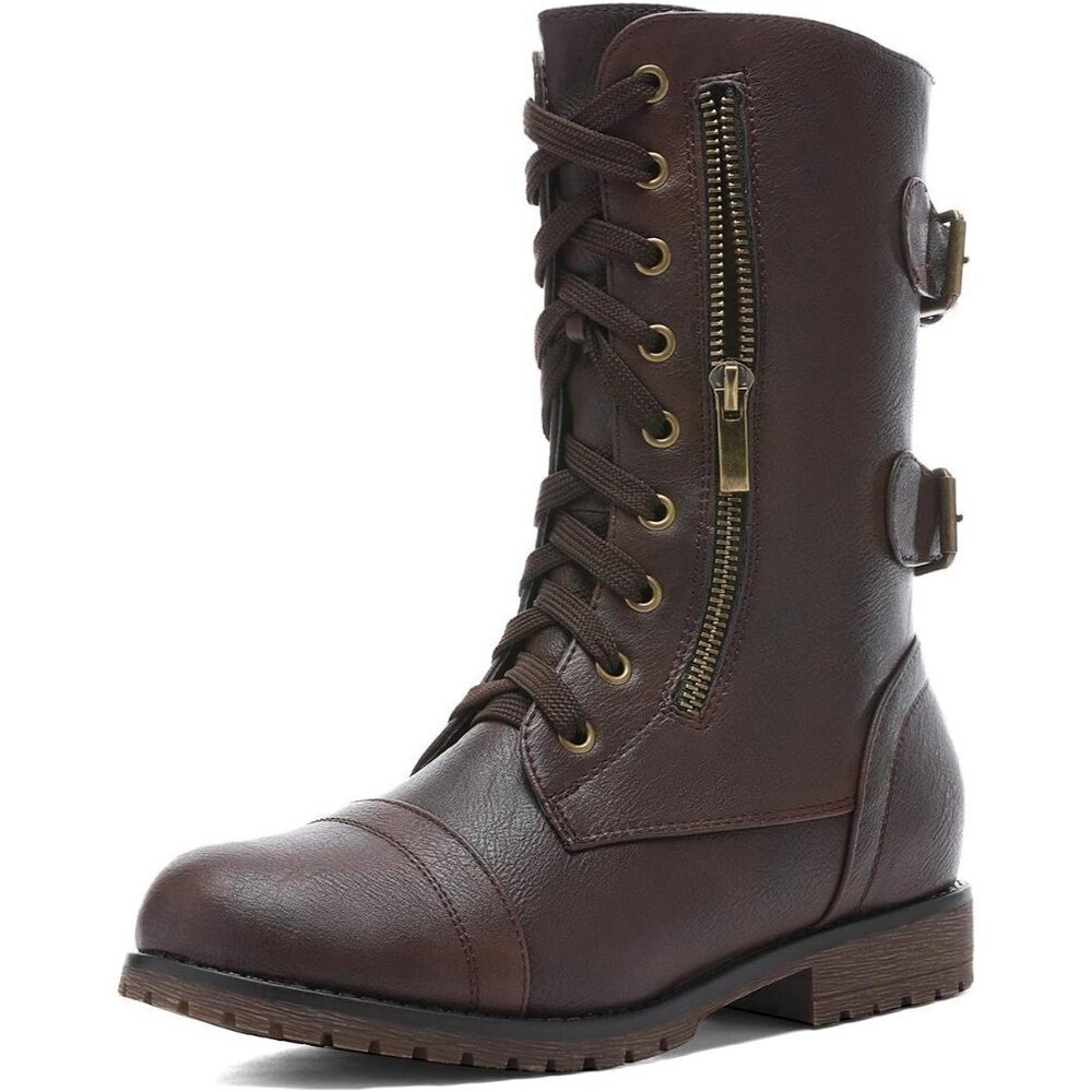 Women's Brown Mid Calf Built-in Wallet Pocket Lace up Military Combat Boots